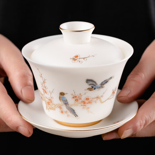 Shengye Mingdao Kung Fu Tea Set Set Suet Fat Jade Ceramic Tea Cup Fair Cup Lid Bowl Home Gift Box Set Happy Eyebrows - Chinese White 10 pieces