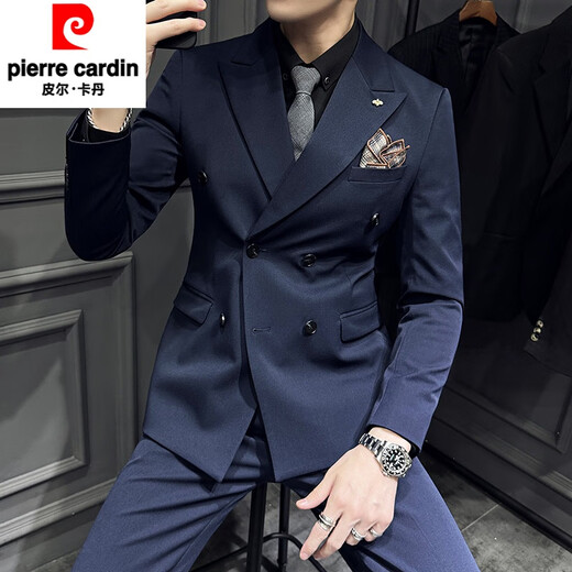 Pierre Cardin high-end double-breasted suit suit men's slim business formal suit wedding groom groomsmen dress three-piece suit navy suit + trousers + vest XL