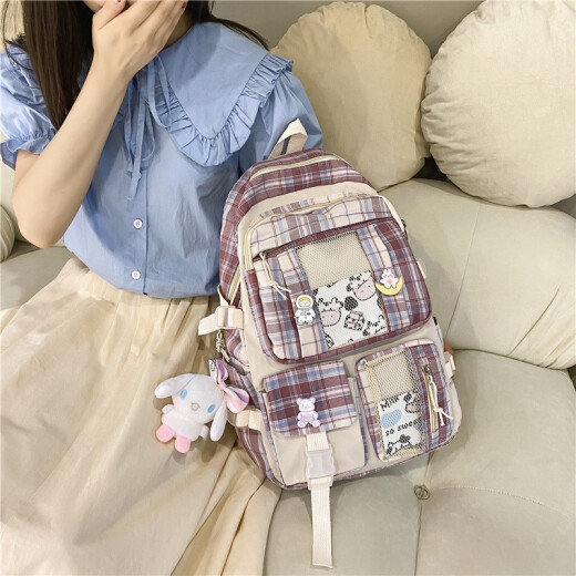 Silk tone high-looking school bag for elementary school girls, junior high school and high school Japanese versatile cute plaid large capacity ins backpack red plaid