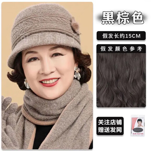 Gu Wenlun's hat with wig for middle-aged and elderly women in autumn and winter 2025 season mother's style short curly hair full head hat plus velvet versatile style (khaki hat) dark brown curly hair (hair net)