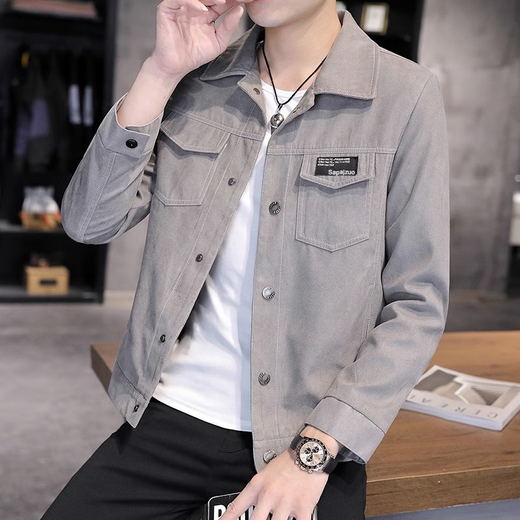真维斯（Jeanswest）春秋季新款夹克男士修身百搭上衣服帅气潮流青年休闲百搭牛仔外套 2008卡其夹克 XL 【125-140斤】