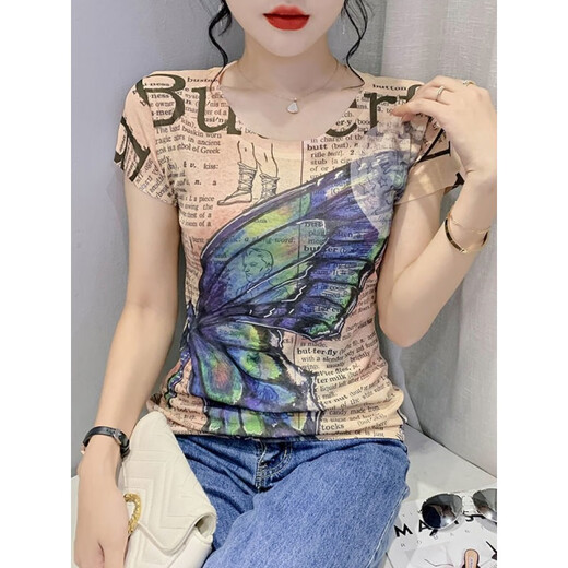 Offre spéciale, marque de luxe légère haut de gamme, nouveau T-shirt à manches courtes pour femmes d'été 2022, chemise de style occidental imprimée rétro, haut à manches mi-longues coupe slim pour femme, Blue Butterfly (7027) L (recommandé 100-120 Jin Jin équivaut à 0,5 kg)
