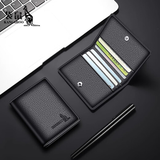 Kangaroo Card Holder Men's Multiple Card Slots New Genuine Leather Ultra-Thin Document Storage Bag Cowhide Bank Card Holder Men's Practical Black