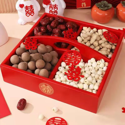 Runhuanian dried fruit box, engagement, high-end living room decorations, housewarming, candies, melon seeds, compartmentalized snacks, wedding, early birth, four-compartment plate, red four-compartment suitcase + gift + red ribbon, order, lightning delivery