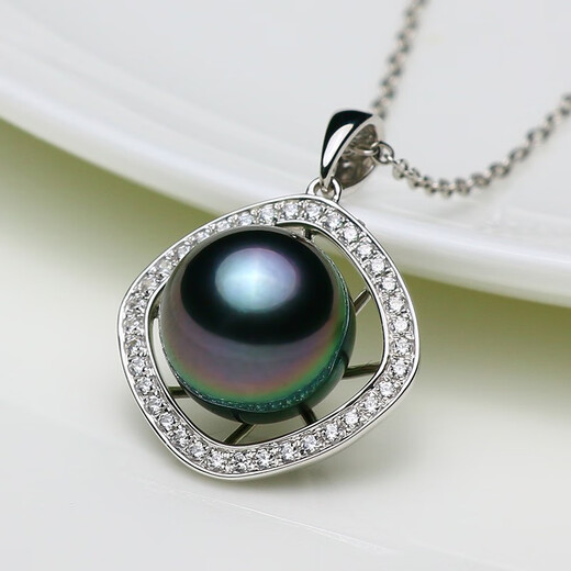 Mu Qinzhenyu 18K gold Tahitian black pearl pendant 9.9mm malachite green transparent purple seawater pearl necklace pair