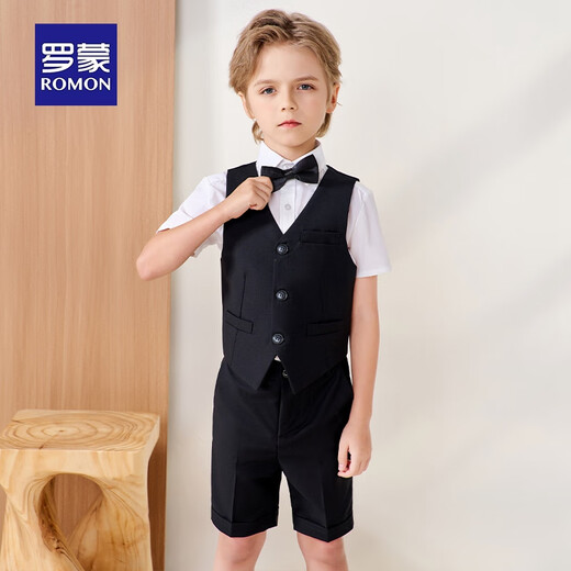 罗蒙儿童西装套装演出服花童礼服中大童钢琴英伦 黑色套装 130