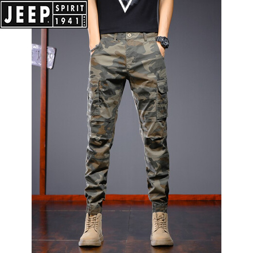 Jeep Spirit Summer Cotton Camouflage Overalls für Männer lose gerade Bindungshosen Spring Trendy Marke High-End American Casual Long Hosen 691b dunkelgrüne Tarnung 28