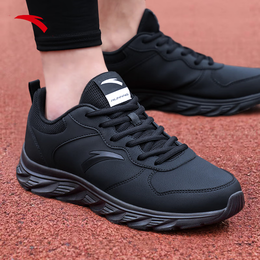 ANTA Men's Sports Shoes Men's Winter Leather Water-Repellent Soft Sole Lightweight Shock-Absorbing Warm Running and Hiking Shoes Hot Recommended Leather Water-Repellent Artifact Black Warrior-4 Size 42