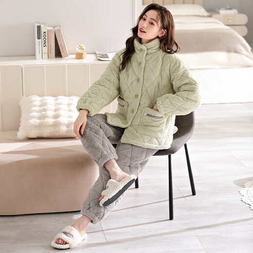 LangSha pajamas for women in winter coral velvet three-layer plus velvet thickened cotton jacket for women flannel warmth can be worn outside home clothes 9215 L[160-165CM/110-120Jin[Jin equals 0.5 kg]]