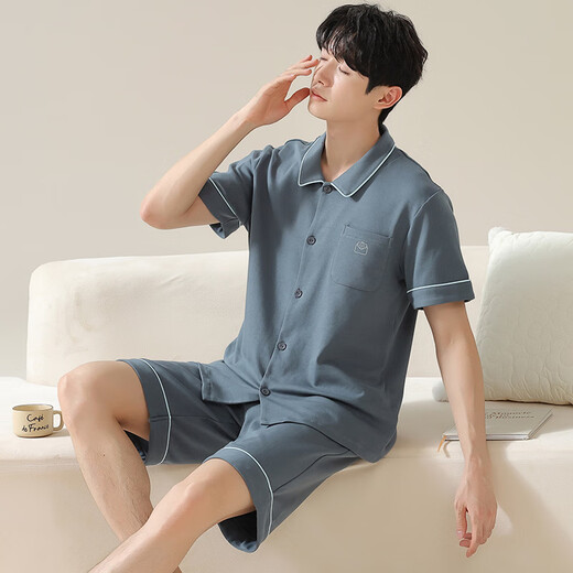 莫代尔【7A抗菌】100%纯棉夏季情侣睡衣一男一女短袖长裤可外穿家居服薄 09M12806男 XL