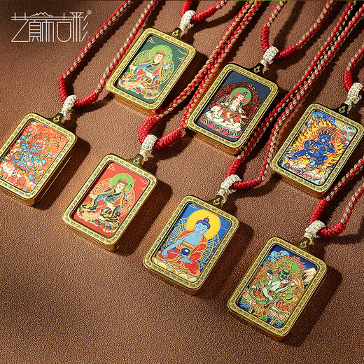 Yidian Jicai hand-painted gold <Yellow God of Wealth> thangka pendant ethnic style couple gift necklace gift Manjusri decorative pendant Style 1-Black God of Wealth 1 piece