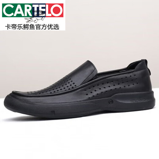 Cartelo Light Luxury Herrenschuhe Sommer Punch Sandalen echte Ledergeschäft lässig Low Heel Cowhide Atmungsfreie schwarze Höhle Black Hollow 3891-1 40