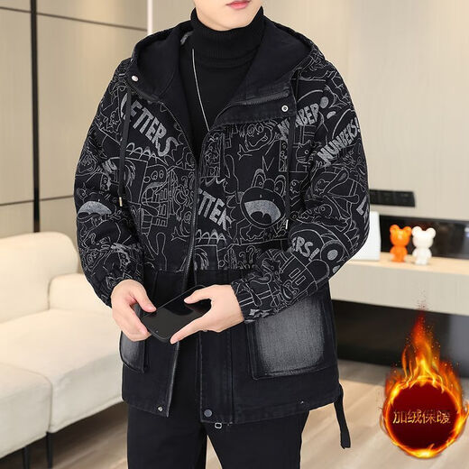 NASALIKE冬季中长款牛仔外套男加绒加厚宽松潮流大码派克服学生青少年棉服 719黑色 加绒加厚 XL 110-130斤左右
