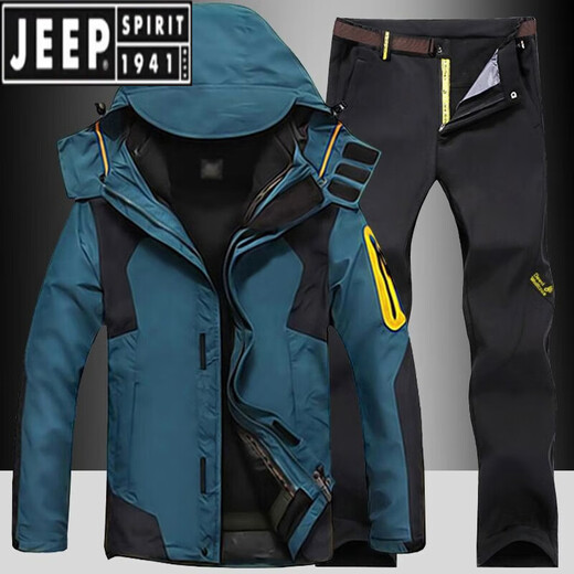JEEP SPIRIT outdoor winter assault clothing and pants suit for men and women, three-in-one plus velvet and thickened two-piece set, windproof and waterproof fishing and mountaineering suit, 552 men's denim blue + 9986 men's black pants L
