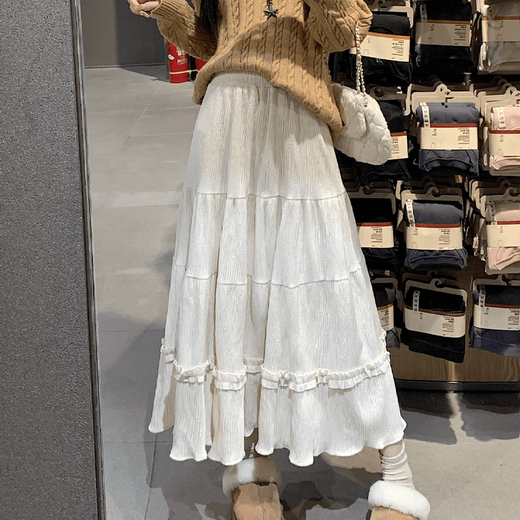 Miao Yijia Autumn Skirt New Style Versatile Winter Skirt Large Hem Skirt Long Skirt Women's Cake Skirt Covering Belly Skirt Small Lace Pleated Skirt Beige M Recommended 95-110 Jin Jin equals 0.5 kg