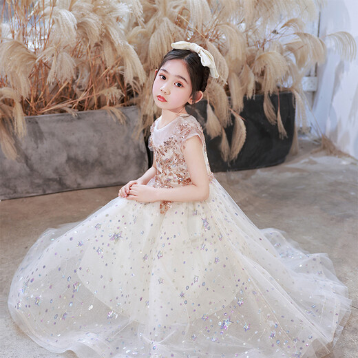 Little Kayi Dicke Kinderkleid Prinzessin Rock Blume Kinder Hochzeitskleid High-End Piano Performance Kostüm Girl Geburtstag Little Host Performance Kostüm Herbst Champagner Farbe
