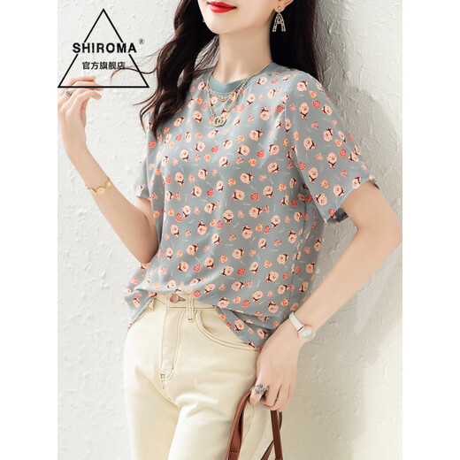 SHIROMA Summer T-shirt Women's Round Neck Printed Short Summer Wear New Year's New Floral Style Top Small Shirt Trendy Blue XL