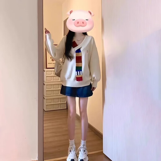 Hao'e Korean style loose sweater for women autumn and winter new fashion versatile V-neck pullover sweater college style jacket rainbow sweater white