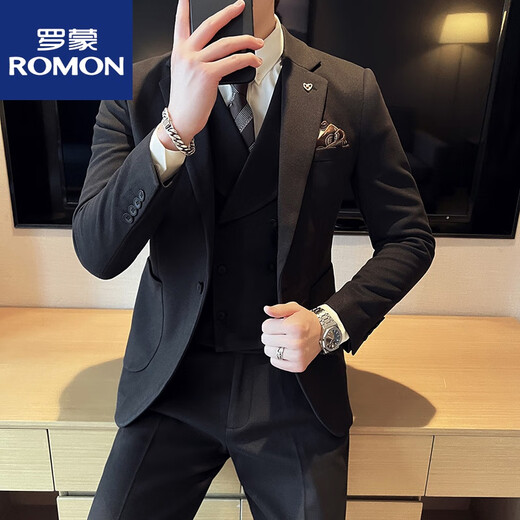 ROMON Groom's Suit Men's Slim Woolen Suit Men's Suit Wedding Dress Khaki Thickened Winter Off-White (Suit + Pants + Vest) Tie M