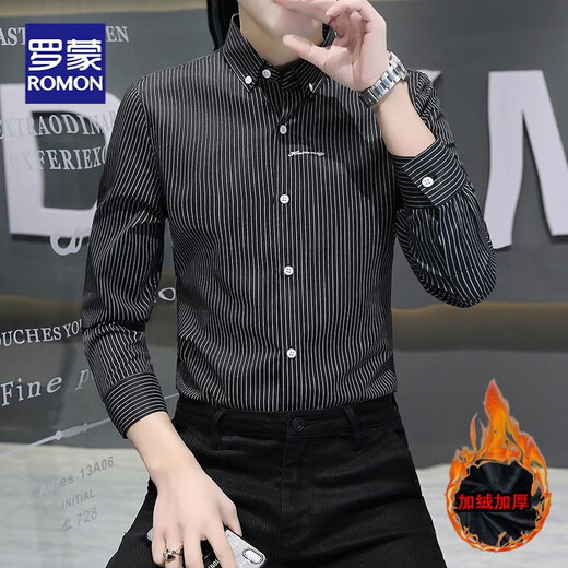 Romon (Romon) Autumn and Winter New Men's Camisa para hombres Camisa de manga larga Slim Spring y Autumn Slim Youth Classic Versatile Free Iron 829 más Fleece Black Plus Fleece Engrosado XL Recomendado 125-140 Jin [Jin equivale a 0.5 kg]