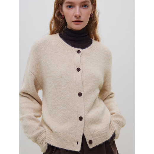 
Fan Silan 23FS14103 classic versatile knitted top color round neck long sleeve cardigan sweater jacket for women blue pine stone L