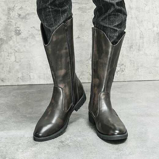 Yibaijian Western Cowboy -Stiefel Männer mongolische Reitstiefel hohe Rohrstiefel Pferdestiefel hohe Top -Stiefel hohe Top -Motorrad -Lederstiefel Herrenstiefel schwarz 42