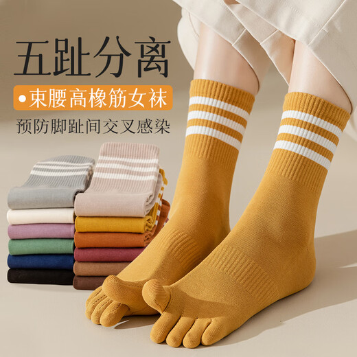 Modal five-finger socks for women, Xinjiang cotton socks, Pilates mid-length anti-odor, sweat-absorbent, boneless spring and autumn sports split toe stockings, yellow + gray + orange + khaki 4 pairs, one size fits all, women