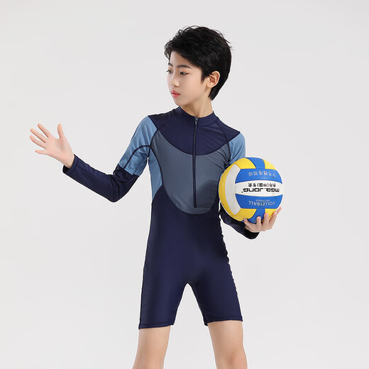 Yosoci parent-child one-piece swimsuit boys wetsuit surf suit plus size father and son medium-sized children long-sleeved conservative hot spring plus size black (KYL2303 children) 2XL