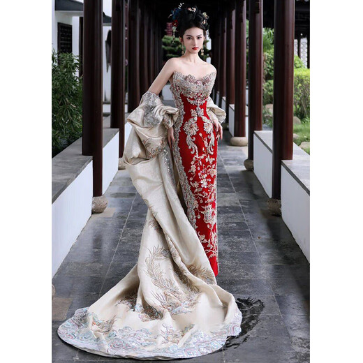 XiUhe Familie [Orientaler einfacher außergewöhnlicher Stil] Toastwear Cheongsam 2025 Neues chinesisches Stil trägerloses Hochzeitskleid Phoenix Crown Robe N-869 Luxus (Cheongsam) s