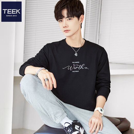 Teek trendy langärmelige T-Shirt Boy Casual Clothes 2025 Einfacher Brief Druck Herren Herumn Mode T-Shirt Top HC687 Black L
