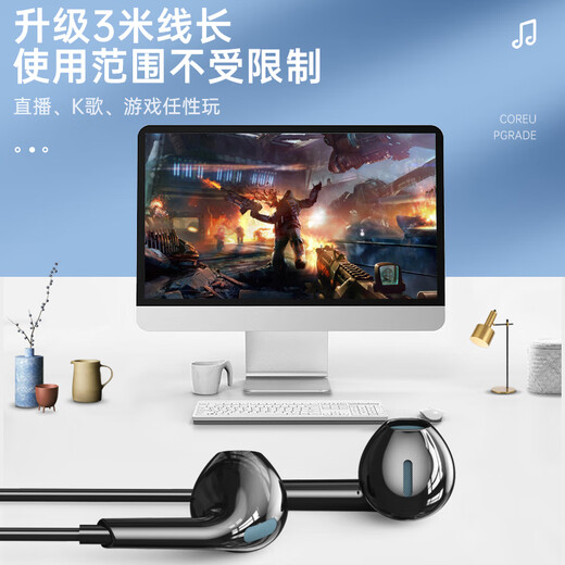智国者（WITGOER）【3米加长线】电脑耳机有线入耳式带麦克风二合一台式机笔记本游戏耳麦电竞直播双孔插头圆头专用