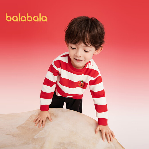 Balabala children's clothing children's sweatshirts girls and boys 2025 new spring and winter clothes baby striped velvet top New Year's greetings trendy red and white tone 00461 120