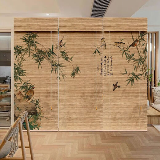 Shuxuan Printed Bamboo Curtain Roller Curtain Roll-pull New Chinese Tea Room Zen Door Curtain Sun Shade Partition Decorative Curtain Zen 1 1m*1m