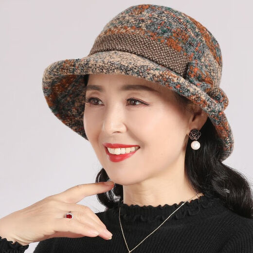 Roasted summer middle-aged and elderly hats for women in autumn and winter mother woolen top hat thickened grandma cloth basin hat spring and autumn casual fisherman hat khaki (wool style) equal size