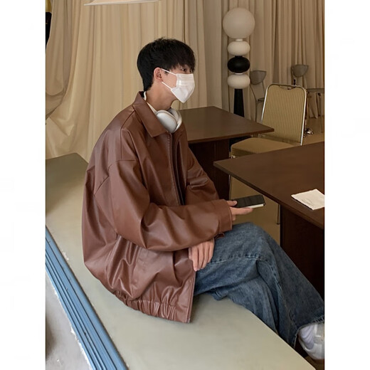 OEMG American motorcycle PU leather jacket for men and women in spring, autumn and winter handsome high street trendy loose couple jacket tops black regular style XL recommended 125-140 Jin Jin equals 0.5 kg