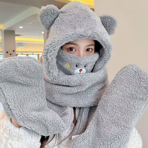 帽忆橱帽子女冬天帽子围巾一体骑车护耳朵小熊毛绒帽子围巾连帽一体 卡其 均码