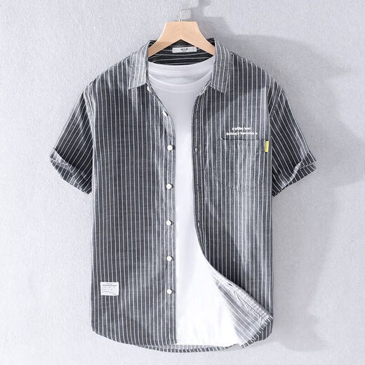 ROMON 2025 men's short-sleeved shirt Japanese embroidered loose striped top summer thin casual versatile cotton shirt 9721 white M 100Jin Jin is equal to about 0.5 kg