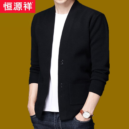 Hengyuanxiang knitted woolen sweater cardigan for men spring and autumn new style men's thin outer sweater large size top coat sheepskin sweater black 175/XL 130Jin Jin equals 0.5kg -145Jin Jin equals 0.5kg