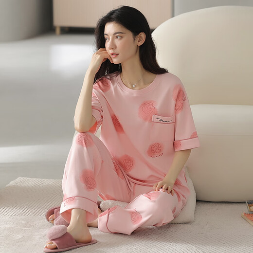 红豆官网织睡衣女夏季纯棉短袖长裤薄款全棉夏天女士家居服套装春秋季 YZT9715 短袖长裤 L 100-120斤