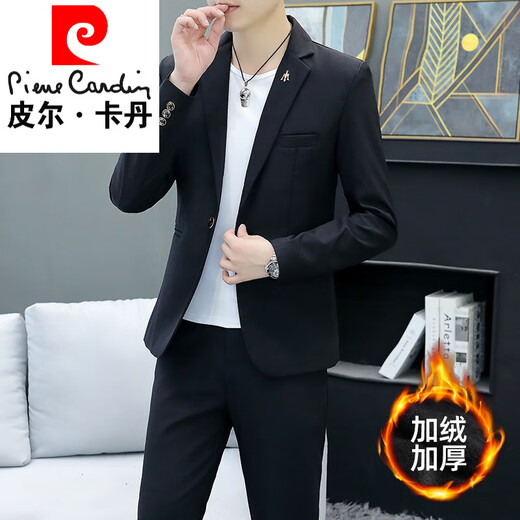 Pierre Cardin suit men's suit 2025 new winter velvet Korean style jacket casual and handsome white suit two-piece set white 4XL