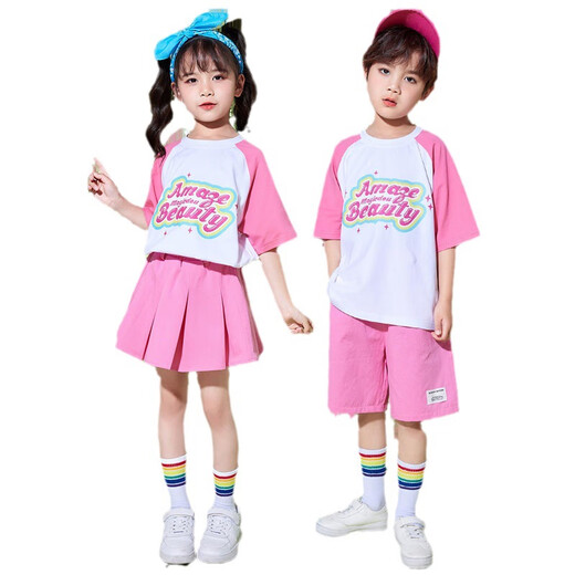 YAWULFE幼儿园啦啦队六一儿童节演出服可爱风粉色短袖拉拉操舞蹈表演服装 605粉白拼色短袖+701粉色短裤 120cm