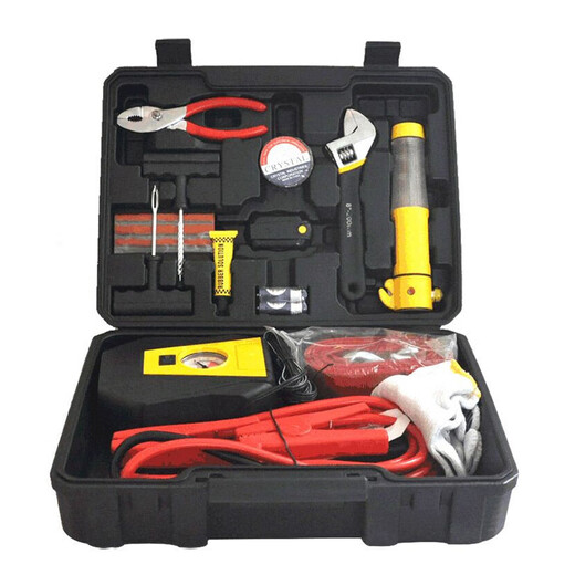 Clooney car tool box, emergency rescue kit, 16-piece standard air pump, tire repair tool, tow rope, etc.