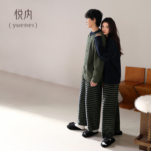Yuenei Half Velvet Couple Pajamas Women's Autumn and Winter Coral Velvet Plus Velvet Warm Home Clothes Winter Men's Suit 34248 Dark Green Men's L (Male 110-140 Jin Jin equals 0.5 kg / Female 110-120 Jin Jin equals 0.5 kg)