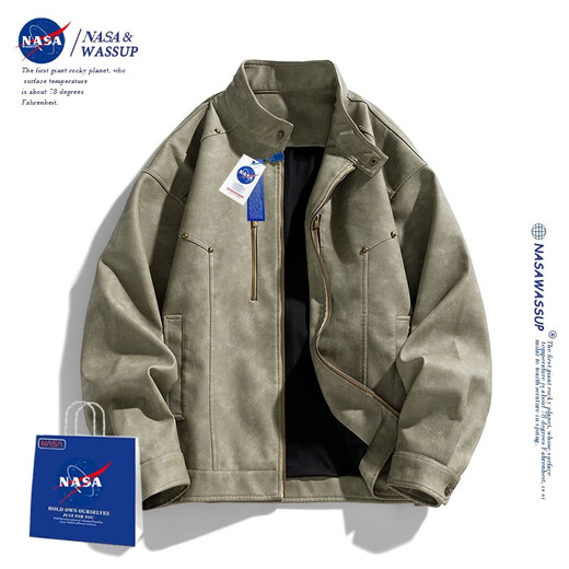 Nasawassup official fashion brand co-branded jacket men's autumn and winter American stand-up collar motorcycle suit handsome pilot men's leather jacket Bean green XL (recommended 135-155 Jin Jin equals 0.5 kg)