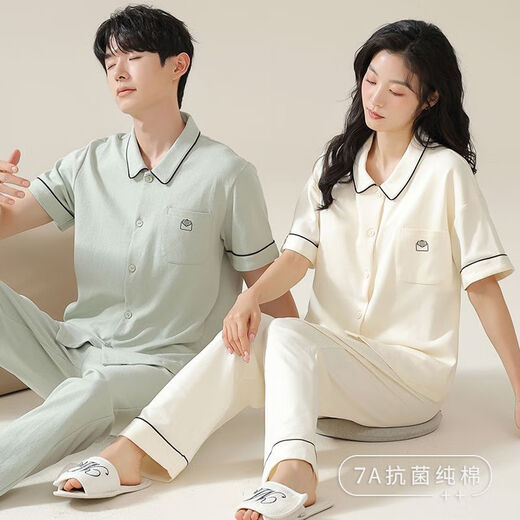 Manzhizhuang couple pajamas short-sleeved trousers for men cool pure cotton summer thin female parents can wear home clothes suit autumn 12605 single female L (recommended 100-120 Jin [Jin equals 0.5 kg])