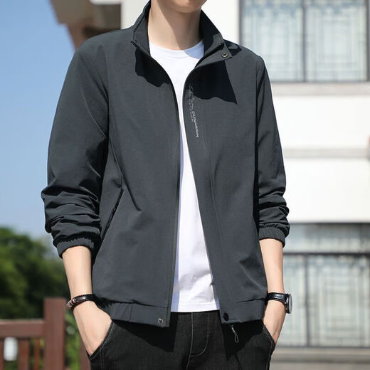 Donkey Fox Autumn Thin Men's Jacket Stand Collar 2024 New Top Spring and Autumn Casual Pilot Jacket D9980 Dark Gray 2XL 130-145Jin [Jin equals 0.5 kg]