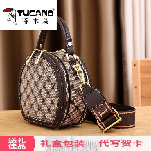 啄木鸟（TUCANO）网红小圆包小包包女包时尚百搭宽肩带手提单肩斜挎包女生日礼物 送女友老婆 礼盒装】棋盘格-卡其