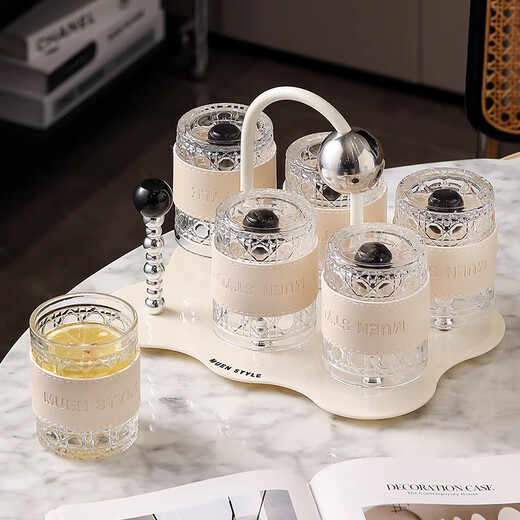 Xiderun Light Luxury Cup Set Home Living Room Hospitality Tea Cup High-Looking Cream Style New Home Cup High-end Glass Water Cup with Leather-Milk White 6-Cup Set