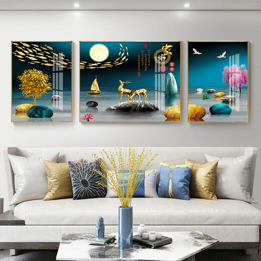 莫画泸林现代简约客厅装饰画新中式沙发背景墙壁画山水画大厅三联风景挂画 14-家和富贵12122 镜面晶瓷中间100*70边50*70黑框