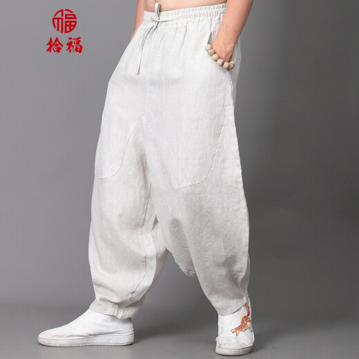 拾福男装休闲裤亚麻吊裆长裤中式棉麻锥形裤夏季哈伦束脚裤透气裤子男 绿色 M -100-125斤